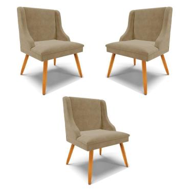 Imagem de Kit 3 Cadeiras Decorativas Sala De Jantar Pés Palito De Madeira Firenze Suede Nude/natural G19