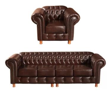 Imagem de Conjunto Sofá 4 Lugares E Poltrona Chesterfield Luís Xv Vintage Retrô Capitonê Couro Marrom