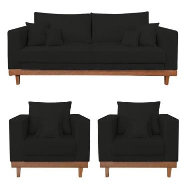 Imagem de Kit 2 Poltronas Living + Sofá 2 Lugares Com Base Madeira Suede Preto