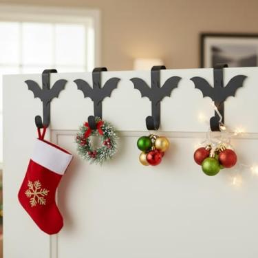 Imagem de Fiwochic 4 ganchos para porta de morcego gótico para decoração de banheiro de Halloween, suporte de parede para toalha, chapéu, casaco, pano, chaveiro, bolsa, organizador de casa, presentes de Natal