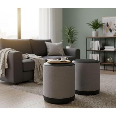 Imagem de Kit Puff Banqueta Redondo Linho Com Couro 42x34x34 Oreon Luxo Decorativo Retro Vintage Casa Jd Móveis (CINZA COURO PRETO)