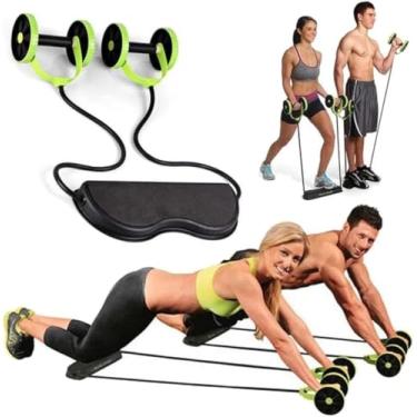 Imagem de Aparelho de Exercícios Multifuncional Portátil, Roda Abdominal com Elásticos, Base Antiderrapante 40cm, 6 Níveis de Treino, 44 Exercícios