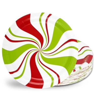Imagem de Pratos de papel de doces de Natal, vermelho, verde, branco, hortelã-pimenta, descartável, 18 cm, prato de sobremesa, redemoinhos de doces, utensílios de mesa redondos para festas de Natal, inverno