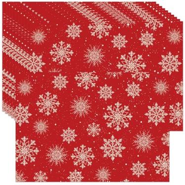 Imagem de Wonmon 50 peças de tapetes de papel de Natal, descartáveis vermelhos flocos de neve de Natal tapetes de mesa decorativos para decoração de mesa de jantar de inverno, férias, cozinha, artigos de festa