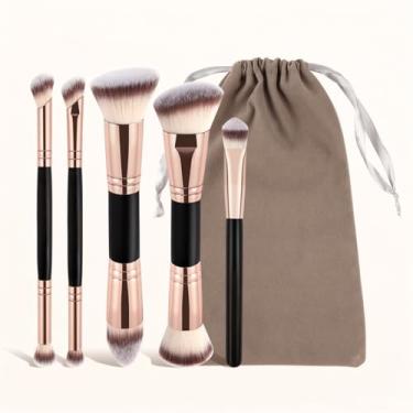 Imagem de 6 pincéis de maquiagem, cerdas macias, fáceis de limpar, adequados para contorno, sombra, base líquida e blush (preto dourado)