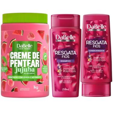 Imagem de Kit Dabelle Resgata Fios Shampoo 250ml Condicionador 175ml Creme de Pentear Desembaraçante Anti Frizz Jujuba Melancia 1Kg
