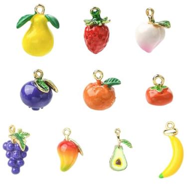 Imagem de Stiesy Berloques esmaltados de frutas 3D, 10 estilos, liga dourada, abacate, banana, pêssego, pêra, mirtilo, morango, manga, uva, tomate, laranja, para joias com tema de frutas DIY e projetos de