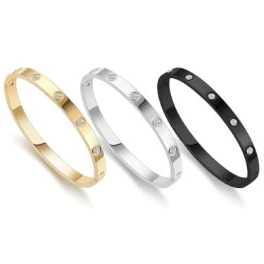 Imagem de Arthur Liu Conjunto de pulseiras banhadas a ouro 14K, pulseira de ouro, prata e preta, tamanho pequeno, médio e grande, presente de joia para mulheres, One Size, Aço inoxidável, Zircônia cúbica