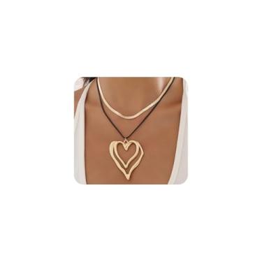 Imagem de Colar em camadas de ouro oco coração cobra empilhado para mulheres, colar com pingente de coração geométrico estético grosso, joias, acessórios, presentes, Large, Liga de aço, Sem Pedra Preciosa