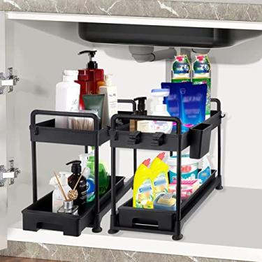 Imagem de UBeesize Pacote com 2 gavetas organizadoras de banheiro, organizadores de armário deslizantes embaixo da pia e armazenamento para bancada, organizador de pia de banheiro com ganchos e copos,