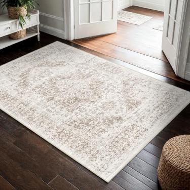 Imagem de Tapete lavável de 7 x 10 cm para entrada - tapetes antiderrapantes de pelo baixo vintage macio e fino pequeno tapete resistente a manchas para quarto, entrada, banheiro, decoração de chão (creme