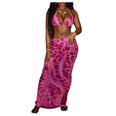 Imagem de SweatyRocks Conjunto de biquíni feminino de 3 peças de leopardo, frente única, triangular, com saia de malha, Rosa choque, Small