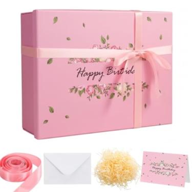 Imagem de Ctosree Caixa de presente de feliz aniversário floral rosa com tampa para presentes, 35 x 25 x 10 x 10 cm grande caixa de papelão dobrável para embalagem de presente de aniversário, contém cartão