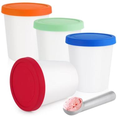 Imagem de Cubas de sorvete de 4 peças com tampa e colher de silicone, recipientes reutilizáveis de 1 litro para armazenamento de sorvete, seguro para freezer