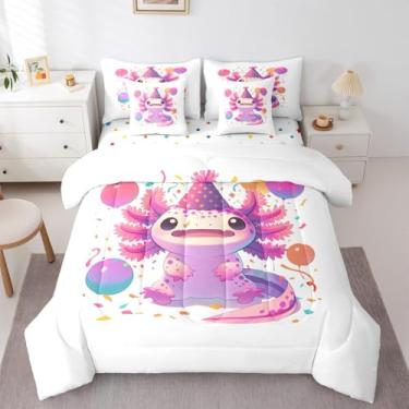 Imagem de Jogo de cama de casal Kawaii Axolotl com estampa de tritão de animais selvagens fofos de desenho animado de balão colorido e lençol com estampa de salamandra, oceano azul, salamandra, náutico, animal