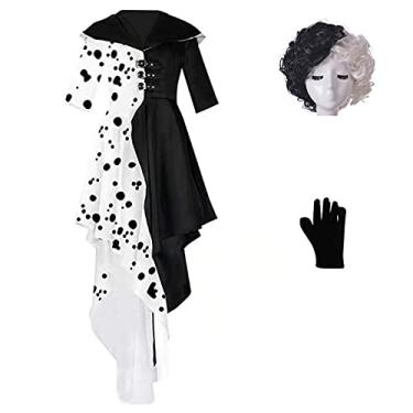 Imagem de Fantasia feminina Cruella Deville vestido Cruela casaco com luvas 2021 Halloween Cosplay conjunto completo M