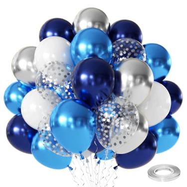 Imagem de Balões de confete azul, branco, prata, 50 peças, balões metálicos azuis e prateados de 30,5 cm, balões de látex de confete branco transparente para aniversário, casamento, aniversário, gênero