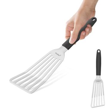 Imagem de Svailse Espátula de peixe de aço inoxidável, espátula de metal para frigideira de ferro fundido, espátula com alça de silicone para cozinhar, grelhar, virar, ovo, biscoito, panqueca e hambúrguer