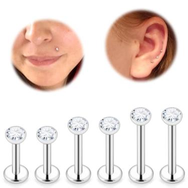 Imagem de Anéis de nariz de 16 g roscados internamente tragus hélice piercing de nariz joias de aço inoxidável cirúrgico concha medusa labret labret brincos de costas planas para mulheres e homens, 2mm Gem