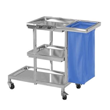 Imagem de TRGCJGH Carrinho utilitário de limpeza comercial de aço inoxidável, carrinho de limpeza doméstica de 3 prateleiras, com rodas e saco de vinil de 14 galões (G, azul)
