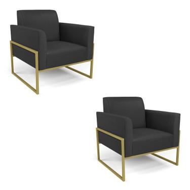 Imagem de Kit 2 Poltronas Base Industrial Alta Dourado Marisa Corino D03 - D\`rossi Cor Preto