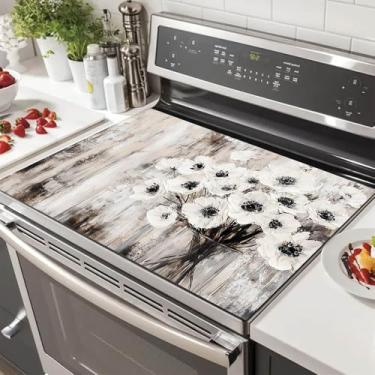 Imagem de HOMETITUTE Capa superior de fogão rústico floral branco 71 x 50 cm tapete decorador de fogão de vidro de diatomita vintage flor decoração de cozinha elétrico resistente ao calor tampa de fogão plana