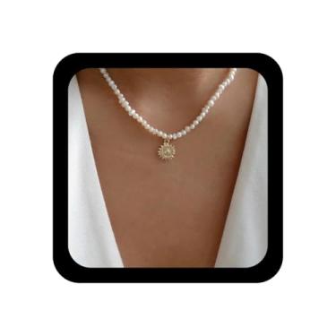 Imagem de Xduargs Boho Colar gargantilha de pérolas de metal com pingente de girassol vintage imitação de pérola colar de ouro e margarida para mulheres