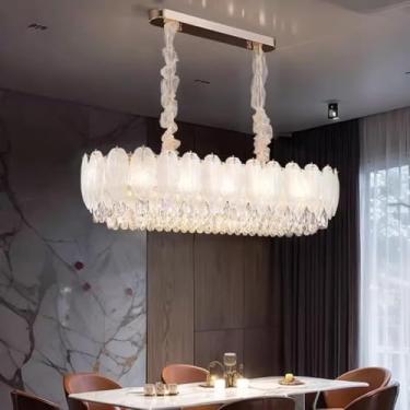 Imagem de Luminária de teto luxuosa com penas de cristal, estilo italiano creme de dupla camada, elegante e aconchegante, luminária sofisticada para sala de estar e corredor (comprimento de 100 cm).