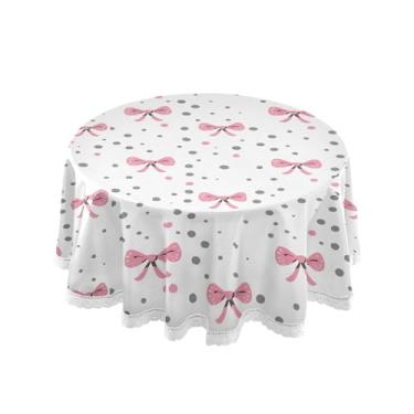 Imagem de SEHANY Toalha de mesa redonda com laço rosa de 152 cm, tecido lavável sem rugas, toalha de mesa decorativa de renda para restaurante, casamento, acampamento, festa de cinco de maio