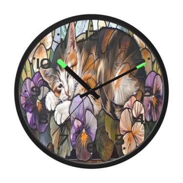 Imagem de SEHANY Pintura esmaltada de relógio de parede de gato, silencioso, sem tique-taque, relógio redondo operado por bateria, controle de som, luz noturna, relógios de parede para sala de estar, cozinha