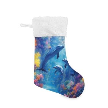 Imagem de Blueangle Pacote com 2 meias de Natal Underwater World of Dolphins de 17,7 polegadas para decorações de festas de fim de ano, porta-presentes e meias (639)