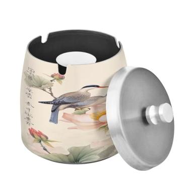 Imagem de Blueangle Cinzeiro floral de beija-flores chineses com tampa para cigarros, à prova de vento/chuva, aço inoxidável, sem fumaça, inodoro, cinzeiro para uso interno ou externo (468)