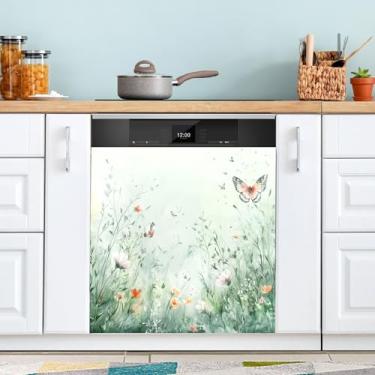 Imagem de ATTX Aquarela flores silvestres capa ímã máquina de lavar louça, 58 cm C x 66 cm A decoração da capa frontal da máquina de lavar louça, decalques de armário doméstico eletrodomésticos adesivos #118