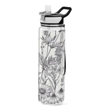 Imagem de ATTX Garrafa de água de flores pretas e brancas, 947 ml, à prova de vazamento e livre de BPA, garrafas de água reutilizáveis de plástico Tritan para viagens, academia, corrida, fitness #307