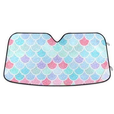 Imagem de ATTX Escamas de sereia coloridas para para-brisas de carro 144.8 cm x 80.0 cm Escudo solar universal com proteção UV, persiana de janela frontal automática dobrável para caminhões Sedans SUVs #92