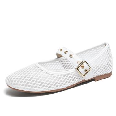 Imagem de hingswink Sapatos Mary Jane Brancos Femininos De Rede Arrastão, Sapatilhas Balé Com Tira E Fivela, Biqueira Fechada, Janes, Bailarina Para Um Look Confortável, Meshwhite9