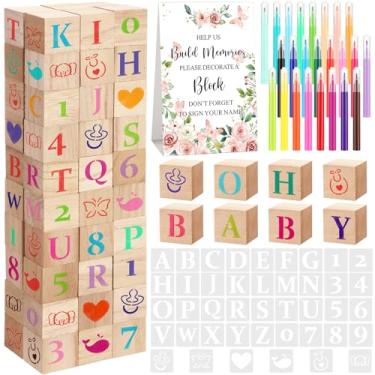 Imagem de Wonderjune 147 conjuntos de jogos de blocos de chá de bebê, 80 blocos de madeira em branco faça você mesmo, 42 estêncis, 24 marcadores de aquarela, 1 placa de jogo de bloco para revelar gênero