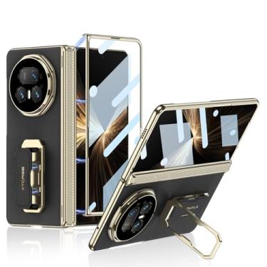 Imagem de HAOMRIYL Capa para Honor Magic V5, suporte de alça de mão invisível, capa de couro genuíno com película protetora de tela, dobradiça de corpo inteiro, à prova de choque, preta, V5