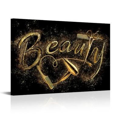 Imagem de iLOOKLiKE Arte de parede em tela de salão de beleza preto e dourado impressões de cabeleireiro imagens moda cabeleireiro tesoura pintura para barbearia estilista estúdio quarto 61 x 91 centímetros