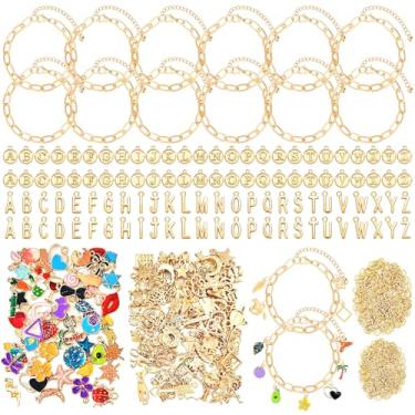Imagem de PPVWEY Kit de fabricação de pulseiras com pingente de 450 peças para mulheres, kit de fabricação de joias, incluindo pulseira de corrente de clipe de papel, pingentes sortidos, pingentes de letras