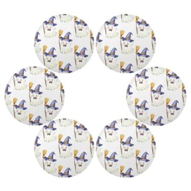 Imagem de Wassud Jogo americano conjunto de 6 Boo-boos com chapéus de feiticeiro tapetes de mesa redondos para cozinha e jantar tapetes laváveis resistentes ao calor para decoração de mesa 39 cm