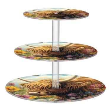 Imagem de CEBUGI Suporte de cupcake de 3 camadas, suporte redondo de vaca Highland, suporte de bolo, bandeja de servir em camadas de acrílico para chá, chá de bebê, casamento e mais