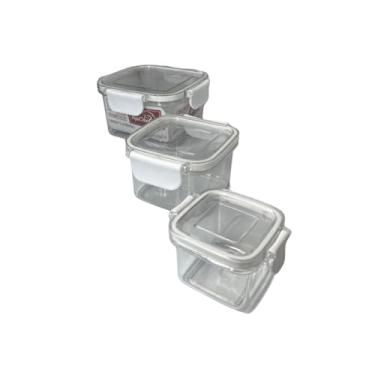 Imagem de Conjunto 3 Potes Herméticos Quadrados, Plástico Transparente com Branco, 60ml, 160ml e 380ml, com Tampa e Trava de Segurança
