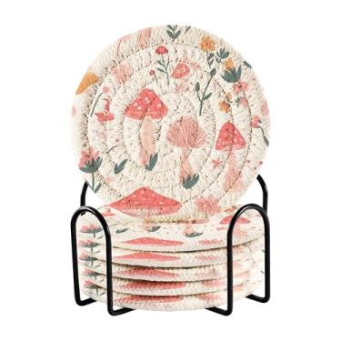 Imagem de SEHANY Conjunto de 6 porta-copos de cogumelos florestais com suporte, porta-copos redondos absorventes de algodão resistente ao calor para mesa de jantar, canecas de café, 10 cm