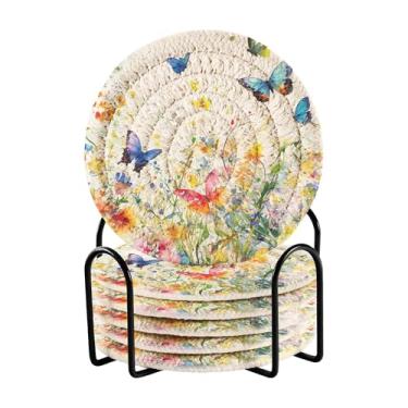 Imagem de SEHANY Elegante conjunto de 6 porta-copos de flores de borboleta com suporte, porta-copos redondos absorventes de algodão resistente ao calor para mesa de jantar, canecas de café, 10 cm