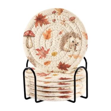 Imagem de SEHANY Conjunto de 6 porta-copos de cogumelos florestais com suporte, porta-copos redondos absorventes de algodão resistente ao calor para mesa de jantar, canecas de café, 10 cm