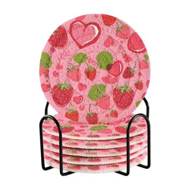 Imagem de SEHANY Conjunto de 6 porta-copos fofos de morango com suporte, porta-copos redondos absorventes de algodão resistente ao calor para mesa de jantar, canecas de café, proteção de copos, 10 cm