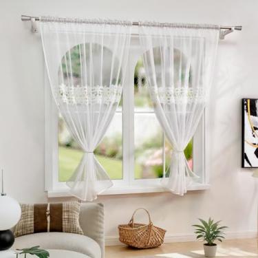 Imagem de Cortinas transparentes brancas bordadas florais 153 cm de comprimento, cortinas transparentes de voile bolso para varão, tratamentos de janela com filtragem de luz, casa de fazenda para quarto e sala