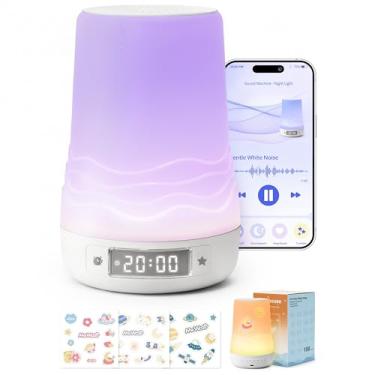 Imagem de Lighthouse Máquina de som de bebê com ruído branco e luz noturna, 100 sons suaves, detecção de choro, alarme de nascer do sol, controle de aplicativo, luz RGB de 360°, treinador de sono para crianças