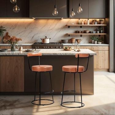 Imagem de Banqueta Alta Cozinha 70cm Encosto Industrial Aço Kit 2 Ziria Pu S02 - D`rossi Caramelo